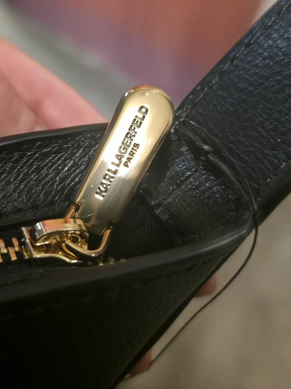 Karl Lagerfeld Black Leather Shoulder Bag with Gold Hardware Lettering